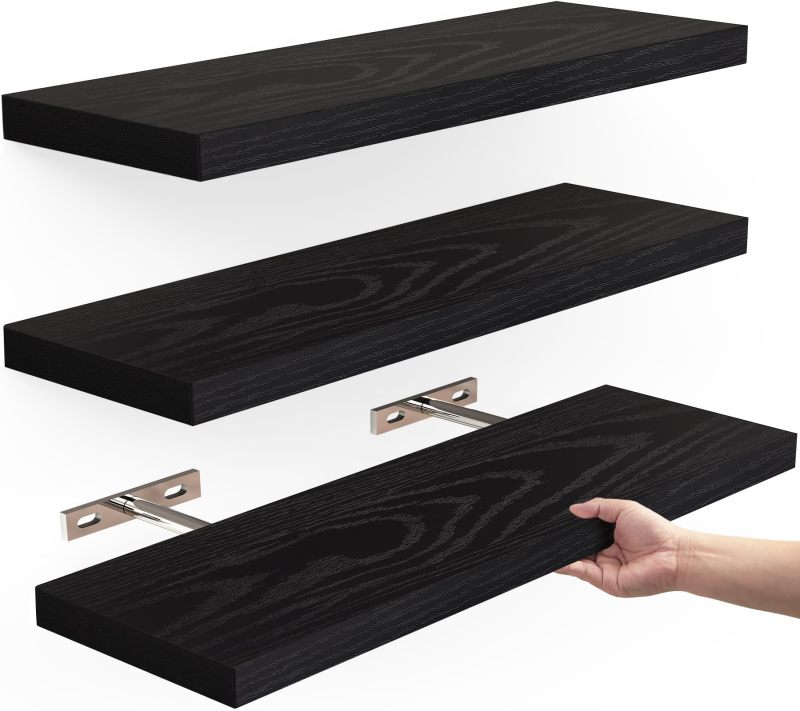 Floating Shelves 16In Black Sleek Wooden - 22Lbs Load-Bearing Wall Mounted Shelf for Bathroom Bedroom Living Room Kitchen - Image 1