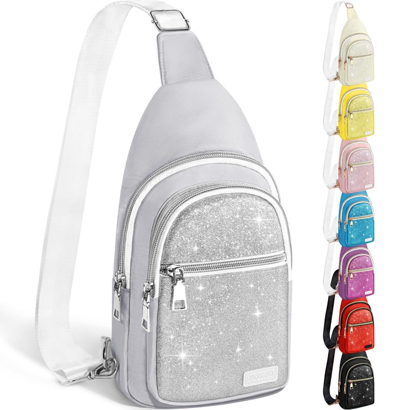 BAOGCOYO Sling Bag for Women Men, Glitter Crossbody Bags, Cute Mini Hiking Daypack, Casual Chest Shoulder Bag for Outdoors Travel (Silver Bling Sparkly) - Image 1