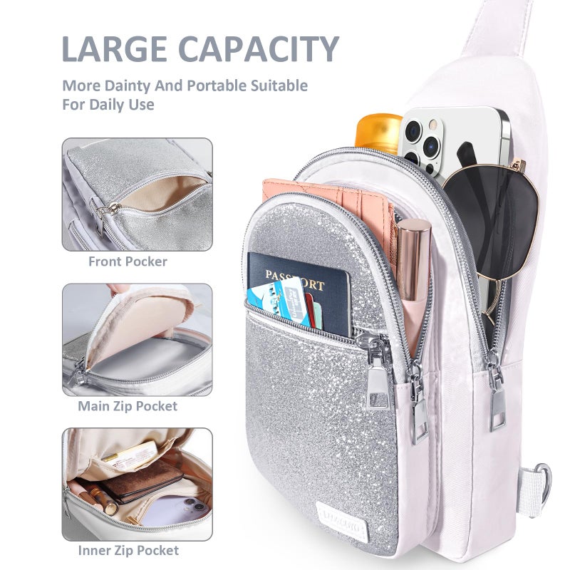 BAOGCOYO Sling Bag for Women Men, Glitter Crossbody Bags, Cute Mini Hiking Daypack, Casual Chest Shoulder Bag for Outdoors Travel (Silver Bling Sparkly) - Image 3