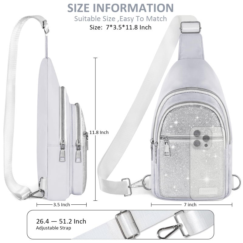 BAOGCOYO Sling Bag for Women Men, Glitter Crossbody Bags, Cute Mini Hiking Daypack, Casual Chest Shoulder Bag for Outdoors Travel (Silver Bling Sparkly) - Image 2