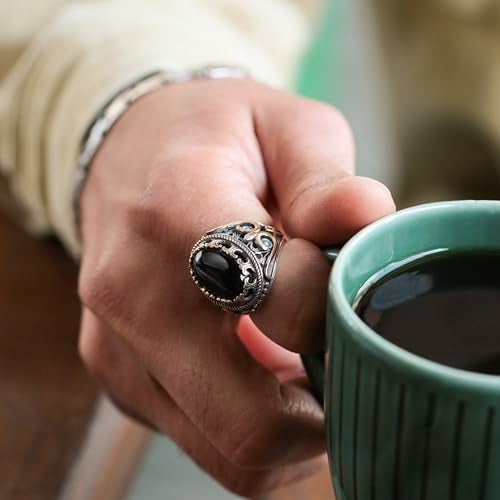 Babylon Silver Men's Natural Black Onyx Oval Ring in Genuine Solid 925 Sterling Silver Accented with bronze, Authentic Vintage Turkish Ottoman Style (Onyx, 9) - Image 2