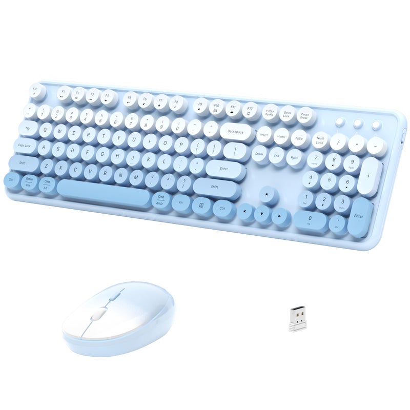 Links9+ Wireless Keyboard and Mouse, Full-Size Retro Typewriter Keyboard with Round Keycaps, 2.4GHz for Windows, Mac, Laptop, PC, Desktop (Blue Gradient) - Image 1