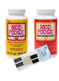 Mod Podge Complete Decoupage Kit Two 16Oz Bottles Waterbase Sealer/Glue (Matte Gloss Finish) With 4 Pk Foam Brush Set Clear  - Image 1