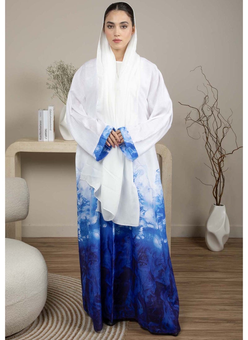 MSquare Fashion Linen Fabric Abaya with White and Blue Shades with Headscarf - Image 1