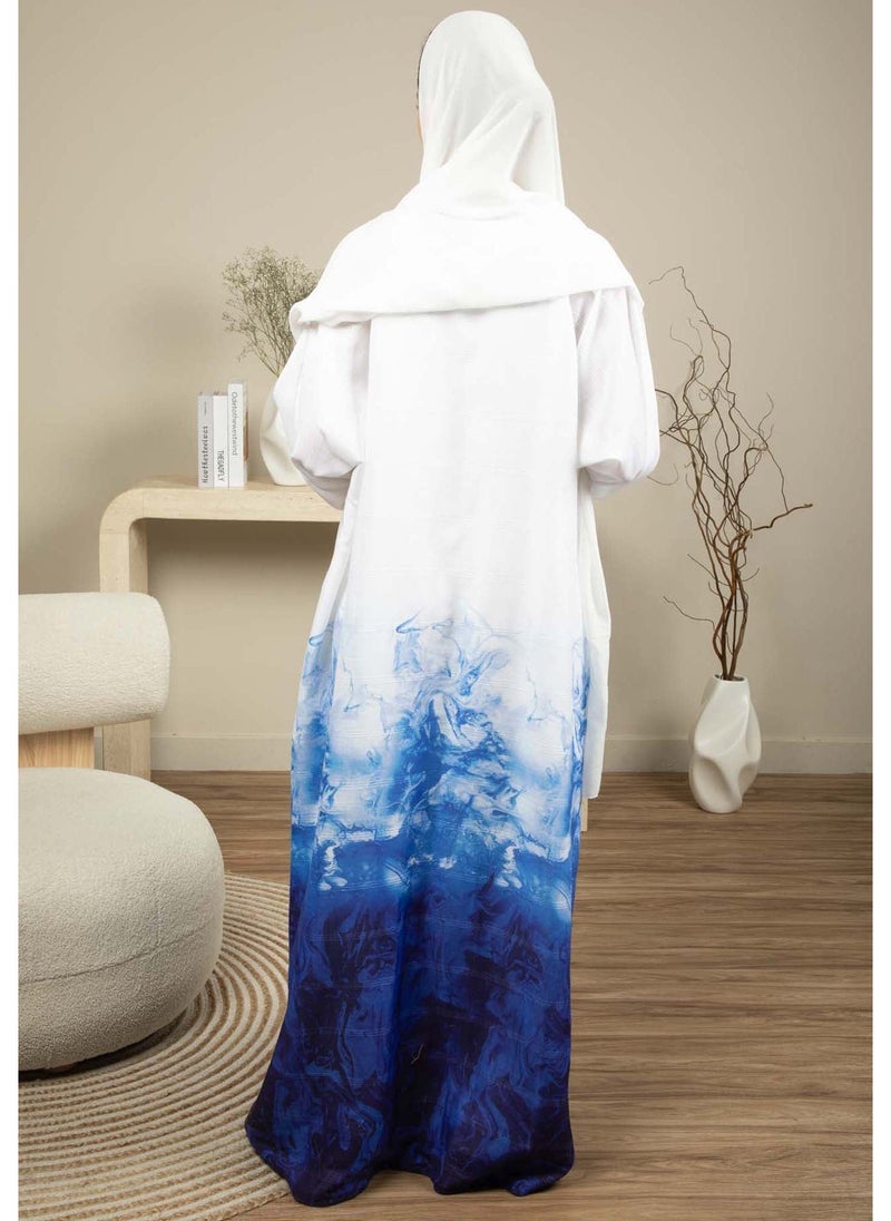 MSquare Fashion Linen Fabric Abaya with White and Blue Shades with Headscarf - Image 4