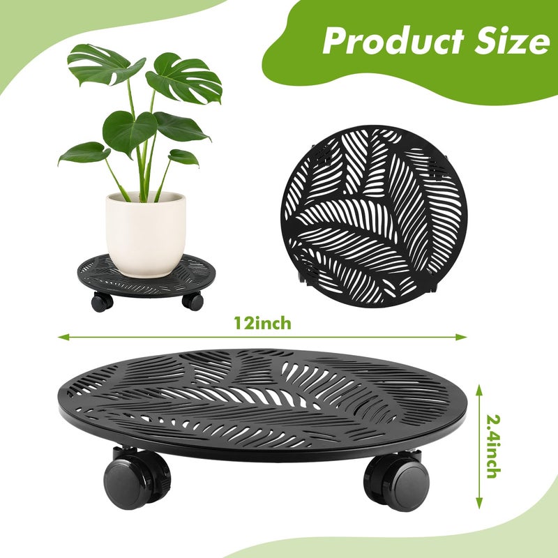 Planterhoma 2 Packs 12 Inch Rolling Plant Stand with Wheels Metal Plant Caddy with Wheels Heavy Duty Plant Rollers with Metal Wheels Round Wrought Iron Plant Stand with Tropical Leaf - Image 3