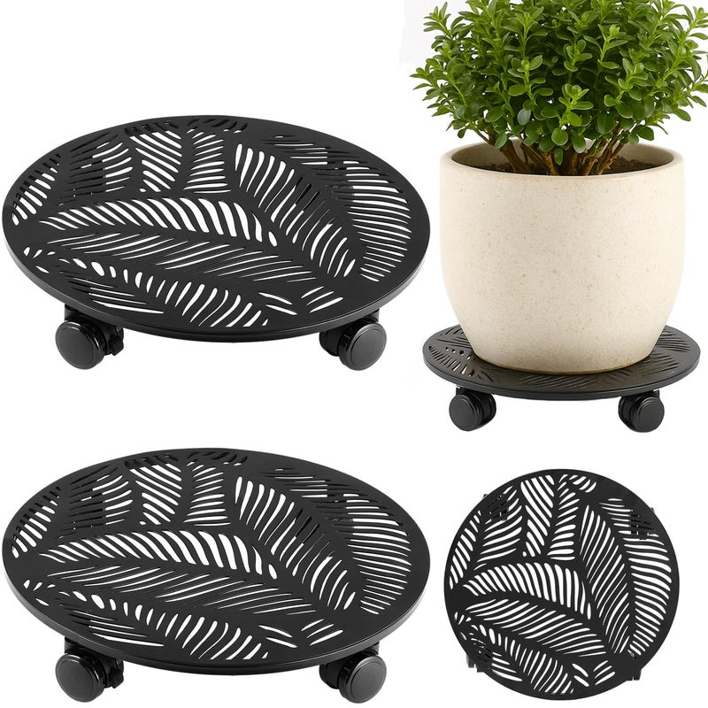 Planterhoma 2 Packs 12 Inch Rolling Plant Stand with Wheels Metal Plant Caddy with Wheels Heavy Duty Plant Rollers with Metal Wheels Round Wrought Iron Plant Stand with Tropical Leaf - Image 1
