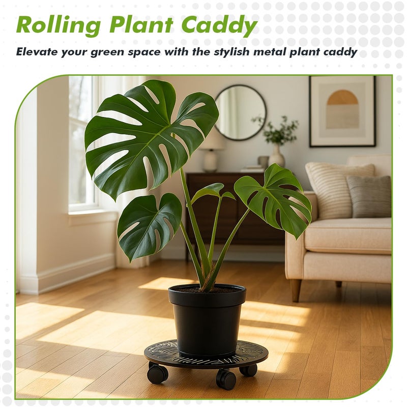 Planterhoma 2 Packs 12 Inch Rolling Plant Stand with Wheels Metal Plant Caddy with Wheels Heavy Duty Plant Rollers with Metal Wheels Round Wrought Iron Plant Stand with Tropical Leaf - Image 2