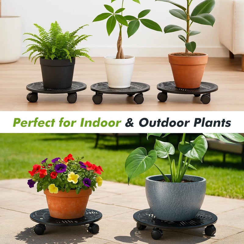 Planterhoma 2 Packs 12 Inch Rolling Plant Stand with Wheels Metal Plant Caddy with Wheels Heavy Duty Plant Rollers with Metal Wheels Round Wrought Iron Plant Stand with Tropical Leaf - Image 5