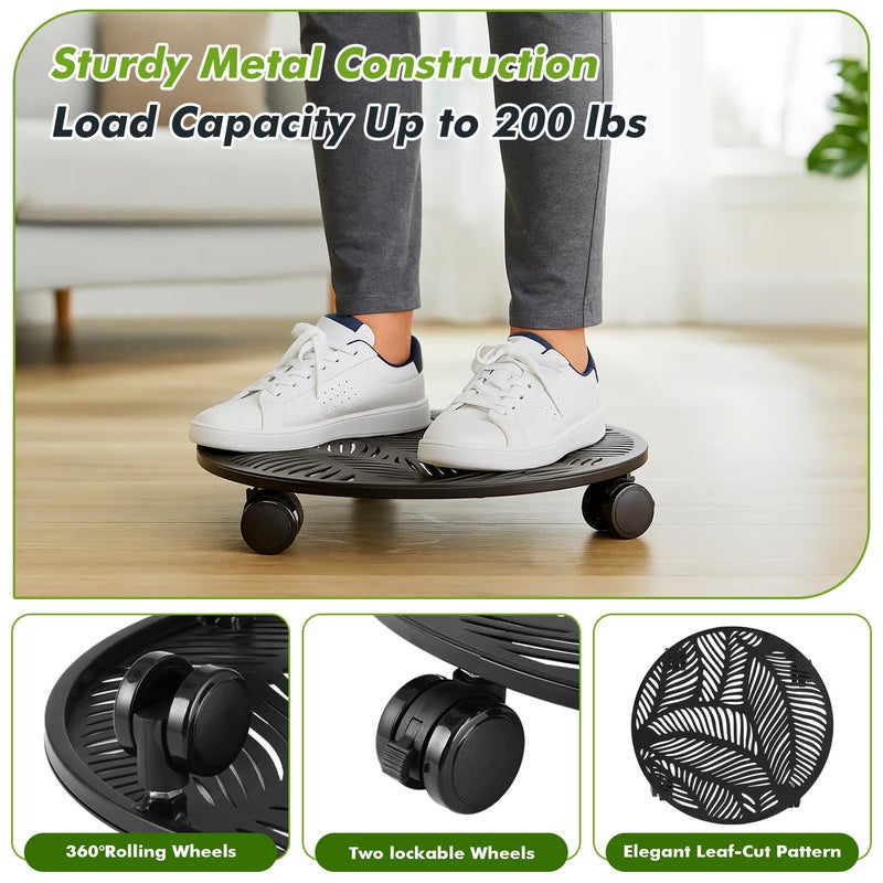 Planterhoma 2 Packs 12 Inch Rolling Plant Stand with Wheels Metal Plant Caddy with Wheels Heavy Duty Plant Rollers with Metal Wheels Round Wrought Iron Plant Stand with Tropical Leaf - Image 4