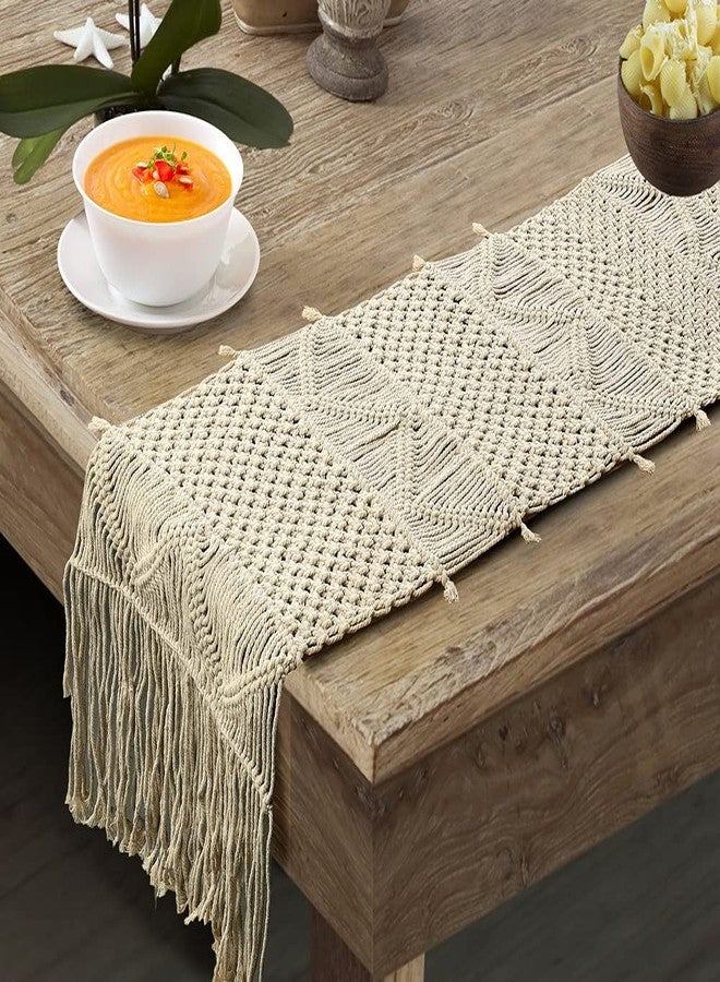 Party Stuff Cotton Handwoven Macrame Table Runner, Ivory, Long Mat, 14x84 Inch - Image 1