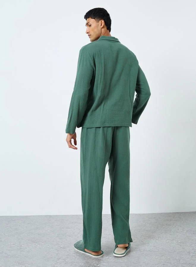 Styli Styli Men Printed Pocket Textured Shirt and Pyjama Set