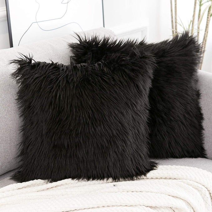 Set of 2 Black Decorative Pillow Covers New Luxury Series Merino Style Faux Fur Fluffy Throw Pillow Covers Square Fuzzy Cushion Case 20x20 Inch