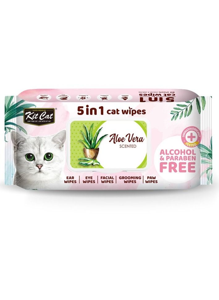 Kit Cat 5-in-1 Aloe Vera Scented Ear Eye Face Grooming Paw Cat Wipes 80sheets 15X20Cm - Image 1