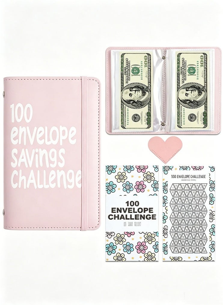 100 Envelope Savings Challenge Book, Money Saving Wallet, Budget Binder Planner for Cash Stuffing Saving Book with Cash Envelopes for School Home Office (Pink) - Image 1