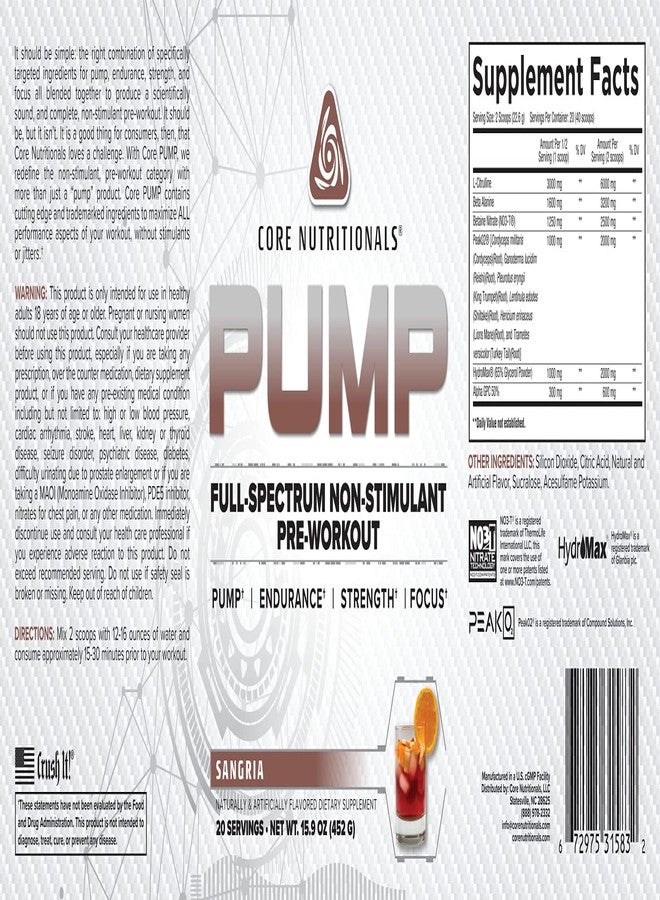 كور نيوتريشنالز مكمل غذائي Core Nutritionals Pump Full-Spectrum الخالي من المنبهات قبل التمرين، مع نترات N03T، وPeak02، وAlpha GPC، لتحقيق أقصى قدر من ضخ الدم والقوة والأداء، 20 حصة (سانجريا). - Image 2