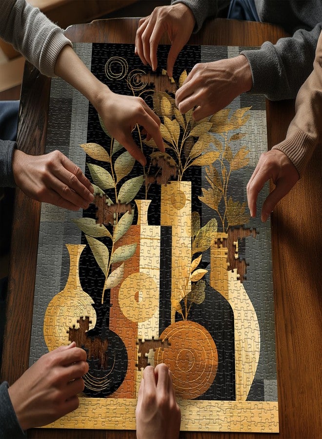 PICKFORU Impossible Puzzle for Adults 1000 Pieces, Geometric Modern Art Jigsaw Puzzle Plant Floral Vase, Black Golden Abstract Challenge Puzzles - Image 4