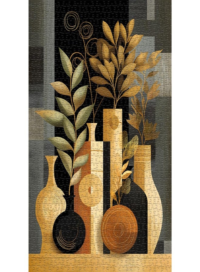 PICKFORU Impossible Puzzle for Adults 1000 Pieces, Geometric Modern Art Jigsaw Puzzle Plant Floral Vase, Black Golden Abstract Challenge Puzzles - Image 1
