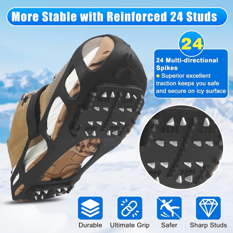 SILANON Ice Cleats for Shoes and Boots, Snow Traction Cleats Crampons Anti Slip 24 Steel Grippers Shoe Spikes Grips for Snow and Ice Slip-on Snow Cleats Overshoes for Women Men Winter Walking Hiking Fishing - Image 3