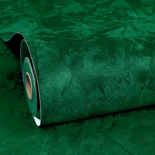 ReWallpaper Green Peel and Stick Wallpaper Luxury Emerald Green Velvet Wallpaper for Bedroom Self Adhesive Removable Textured Contact Paper for Cabinets Soft Velvet Fabric Drawer Liner 17.5inX6.5ft - Image 1