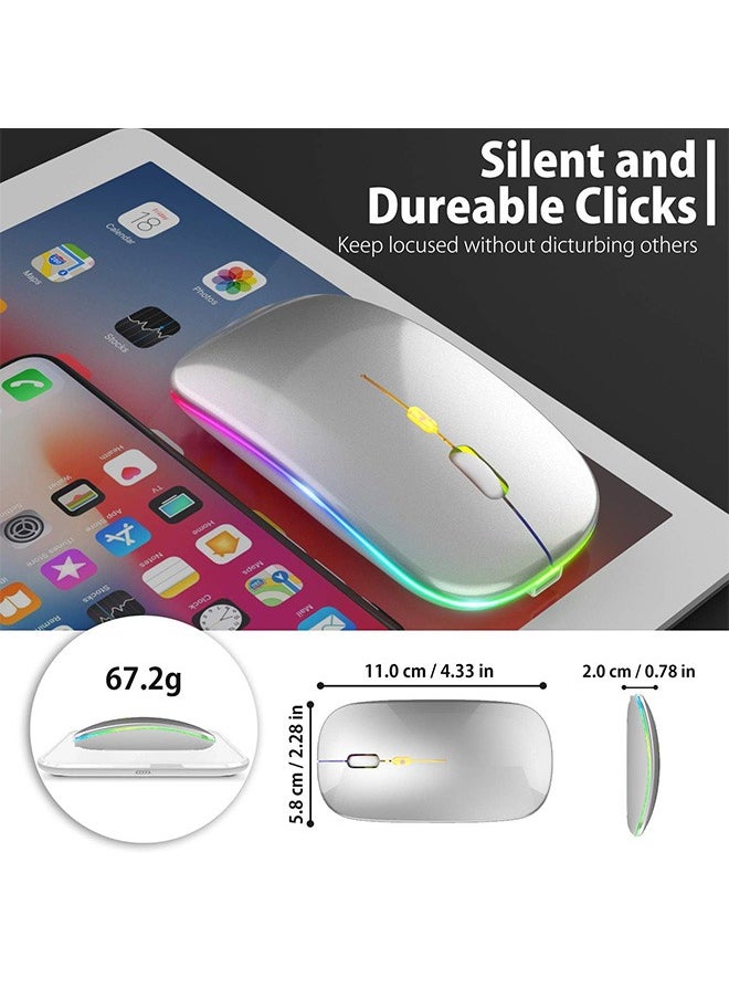Wireless Bluetooth Mouse, LED Rechargeable Silent Slim Laptop Mouse, Portable (BT5.2+USB Receiver) Dual Mode Computer Mice for Quick Control Apple Laptop, Desktop Computer, ipad Tablet, Phone (Silver)