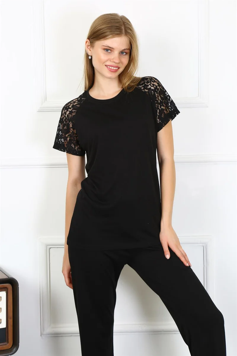 Akbeniz Women's Lace Sleeve Combed Cotton Pajama Set 4147