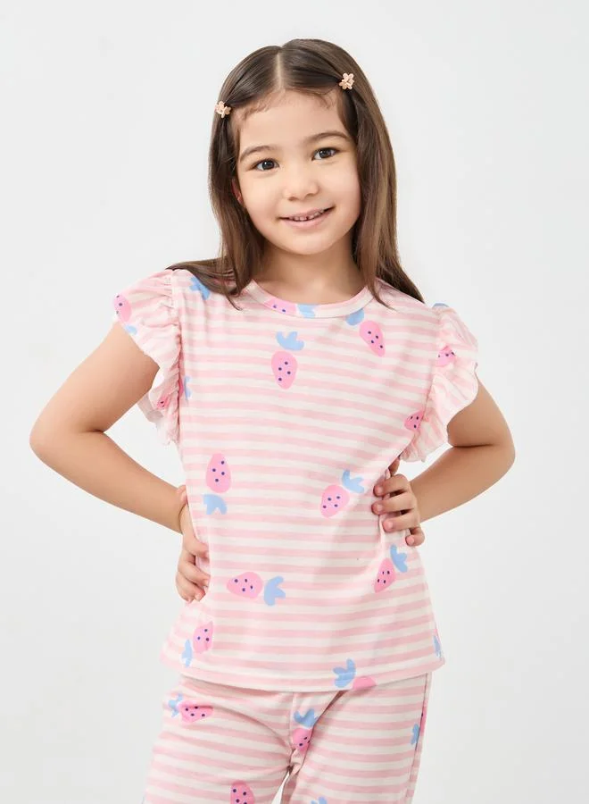 Styli Styli Striped Ruffle Sleeve T-Shirt and Pyjama Set