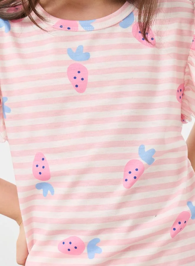 Styli Styli Striped Ruffle Sleeve T-Shirt and Pyjama Set