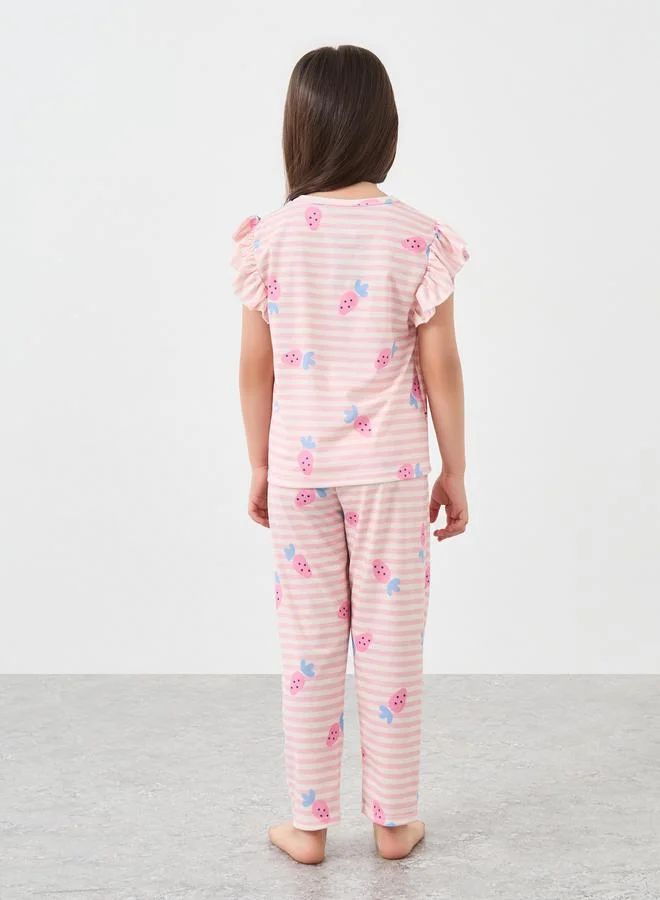 Styli Styli Striped Ruffle Sleeve T-Shirt and Pyjama Set