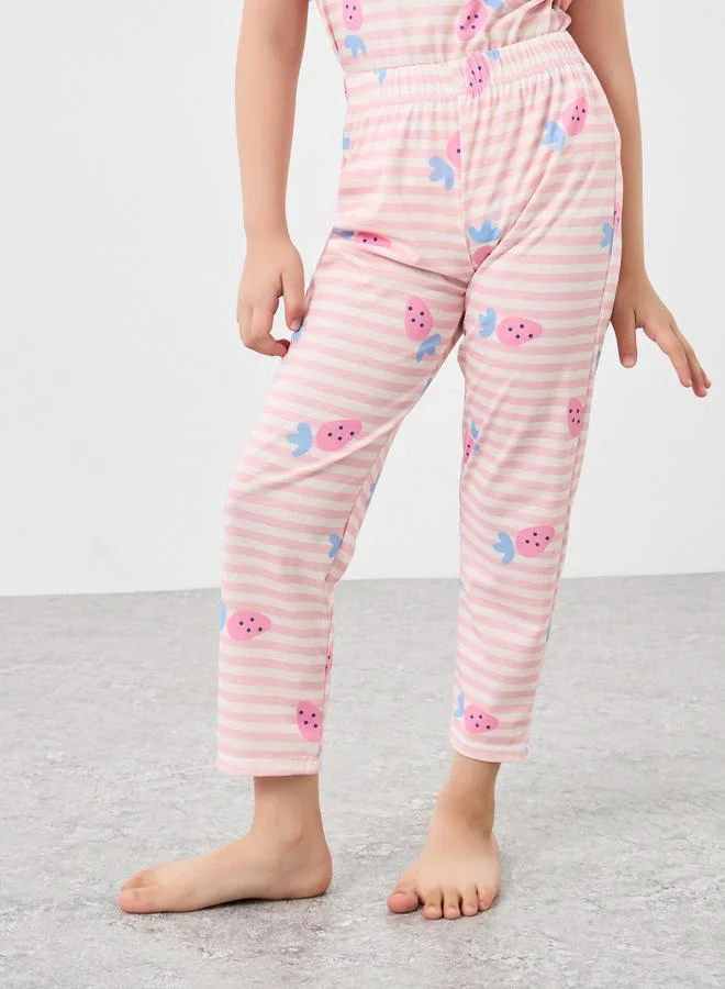 Styli Styli Striped Ruffle Sleeve T-Shirt and Pyjama Set