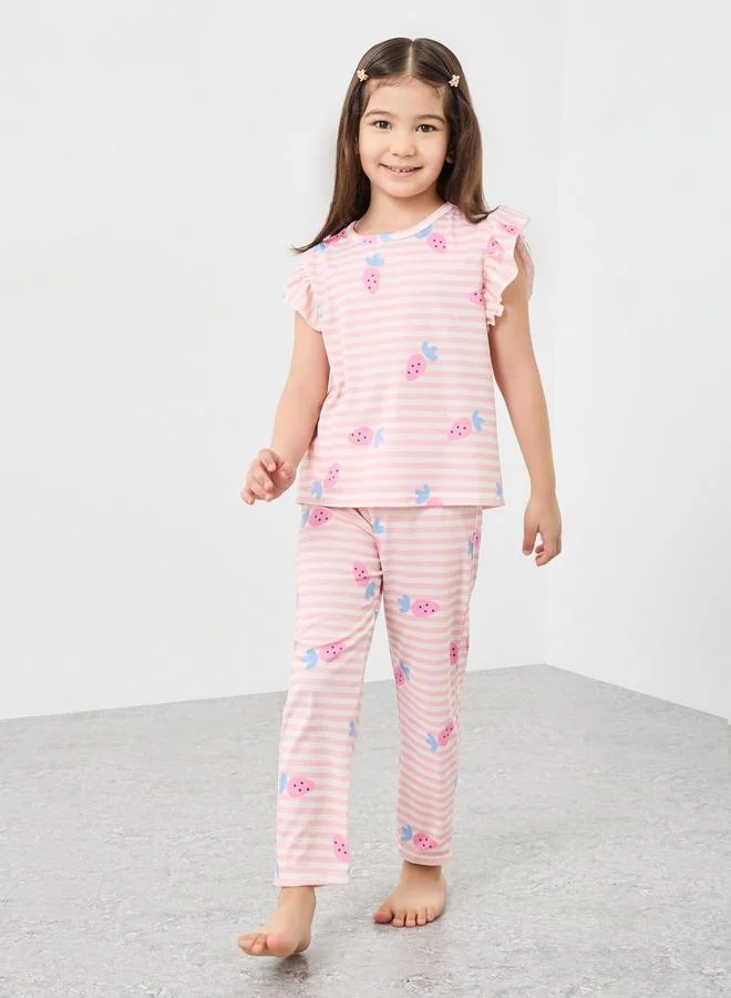 Styli Styli Striped Ruffle Sleeve T-Shirt and Pyjama Set