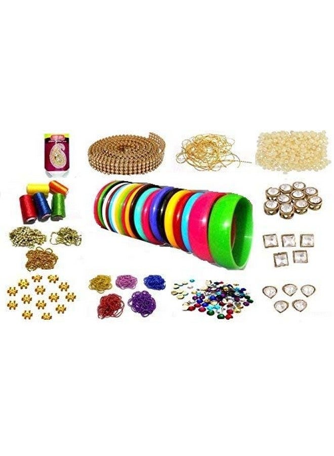 Silk thread Bangle making fully loaded designing box - includes bangle set (size 2.8) kundans-silk threads-glue-zardosi-stone lace-colourful crystals-pearls-chains-all designing materials combo set for fashionable silk bangles