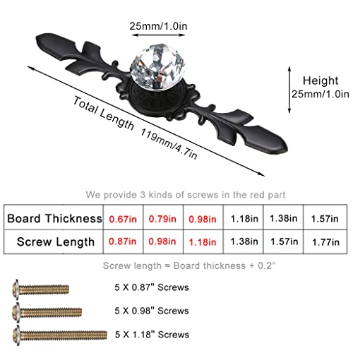 ESreake 5 Pack Black Diamond Clear Crystal Glass Decorative Knobs with PlateDrawer Dresser Pulls Handles with 3 Kinds of Screws for Kitchen Bathroom Office Decoration 5 Pack Small Black - Image 3