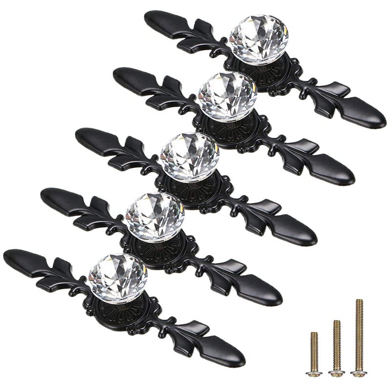 ESreake 5 Pack Black Diamond Clear Crystal Glass Decorative Knobs with PlateDrawer Dresser Pulls Handles with 3 Kinds of Screws for Kitchen Bathroom Office Decoration 5 Pack Small Black - Image 2