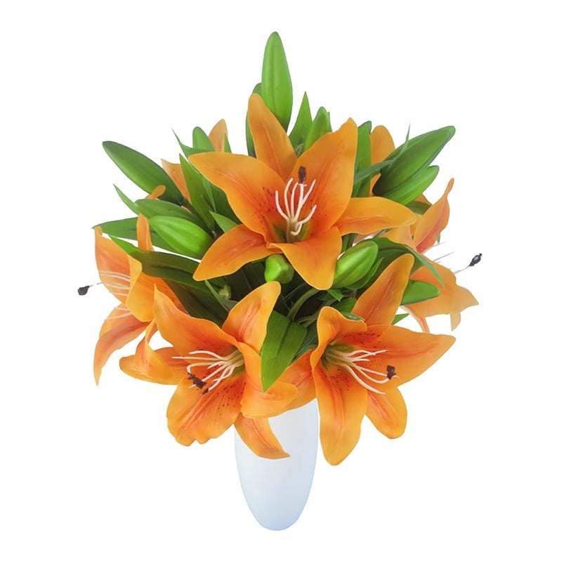 7 Pcs Artificial Lily Flowers Artificial Lilies Flowers for Home Wedding Bouquets Home Hotel Party Decor Graves Arrangement Orange