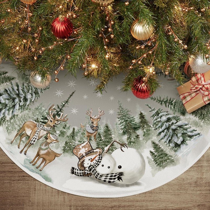 AVOIN colorlife AVOIN colorlife Snowman Reindeer Snowflake Christmas Tree Skirt 48 Inch Winter Holiday Tree Mat Decoration