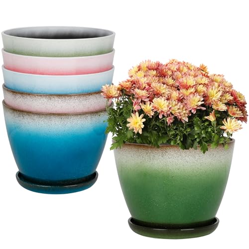 Worth Garden Plastic Round 8" Plant Pots - Set of 6 Multicolor Small Gloss Flower Pot Planters with Drainage Hole and Saucer - Home Decorative Christmas Containers - Image 1