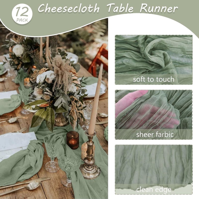 klarako 12 Pack 10Ft Cheesecloth Table Runner 35x120 Inch Boho Gauze Table Runner Cheese Cloth Long Table Runner Romantic Table Runner for Wedding Bridal Shower Birthday Party Table Decor (Dusty Sage Green) - Image 4