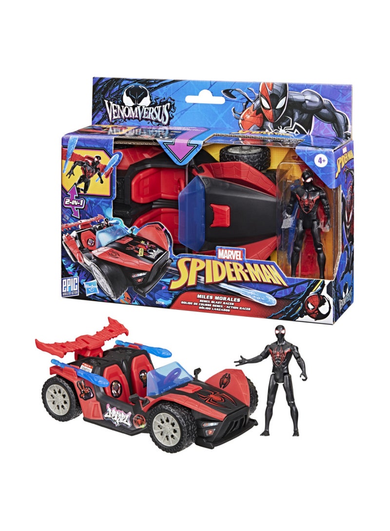 SPIDERMAN Marvel Spider-Man VenomVersus Epic World of Action Miles Morales Remix Blast Racer 4-Inch (10 CM) Figure & Toy Car, Accessories, Super Hero Toys, 4+ - Image 1