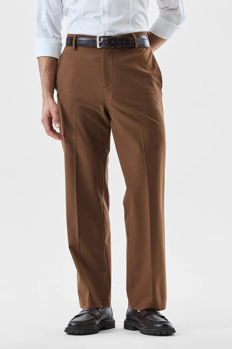SNITCH Brown Solid Regular Fit Formal Trousers