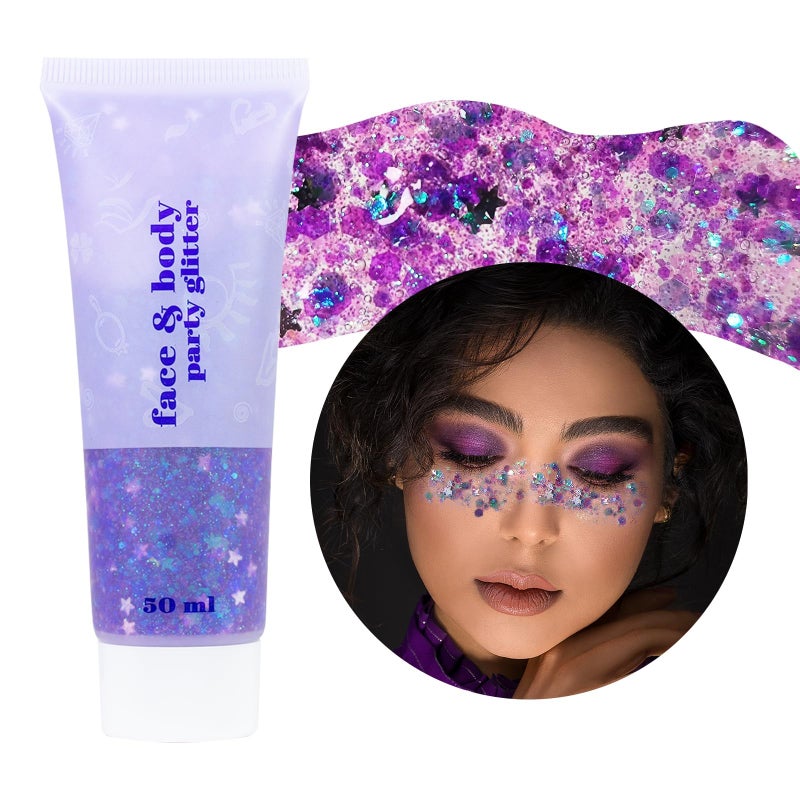 DAGEDA Body Glitter Gel Face Glitters Body Gel Sequins Shimmer Liquid Eyeshadow Chunky Glitter for Face Hair Nails Holographic Cosmetic Laser Powder Festival Glitter Makeup17oz Violet