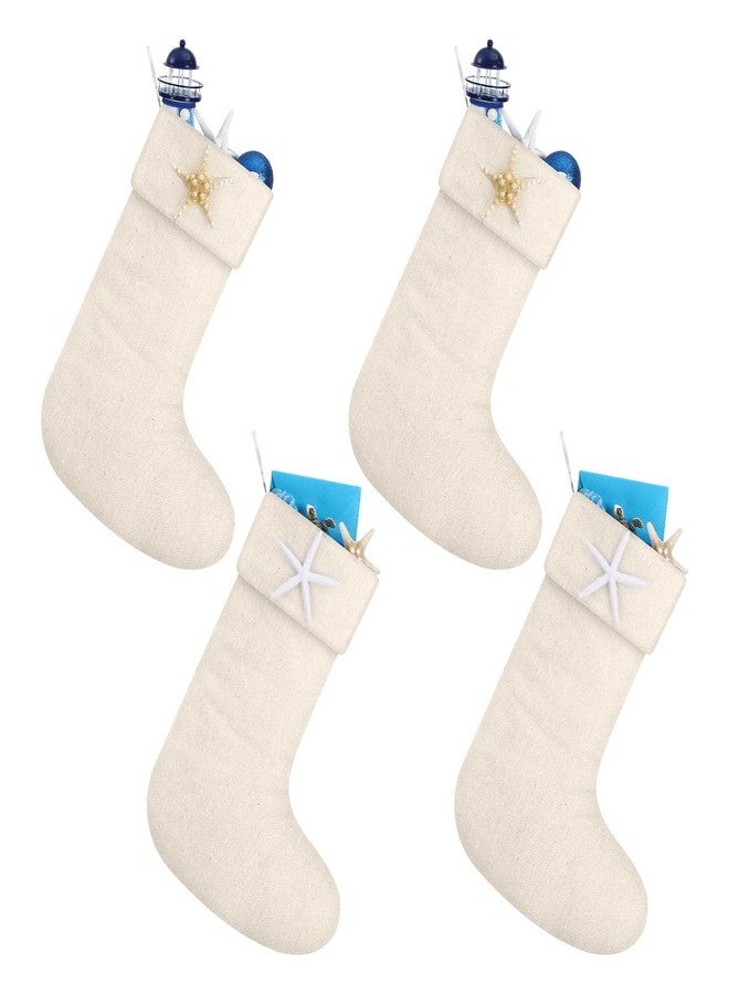 Heentan 4 Pcs Coastal Christmas Stockings 18 Inch Beach Nautical Linen Socks with Starfish Christmas Large Ocean Stocking Bags Hanging Socks for Xmas Tree Fireplace Holiday Ocean Party Decor - Image 1