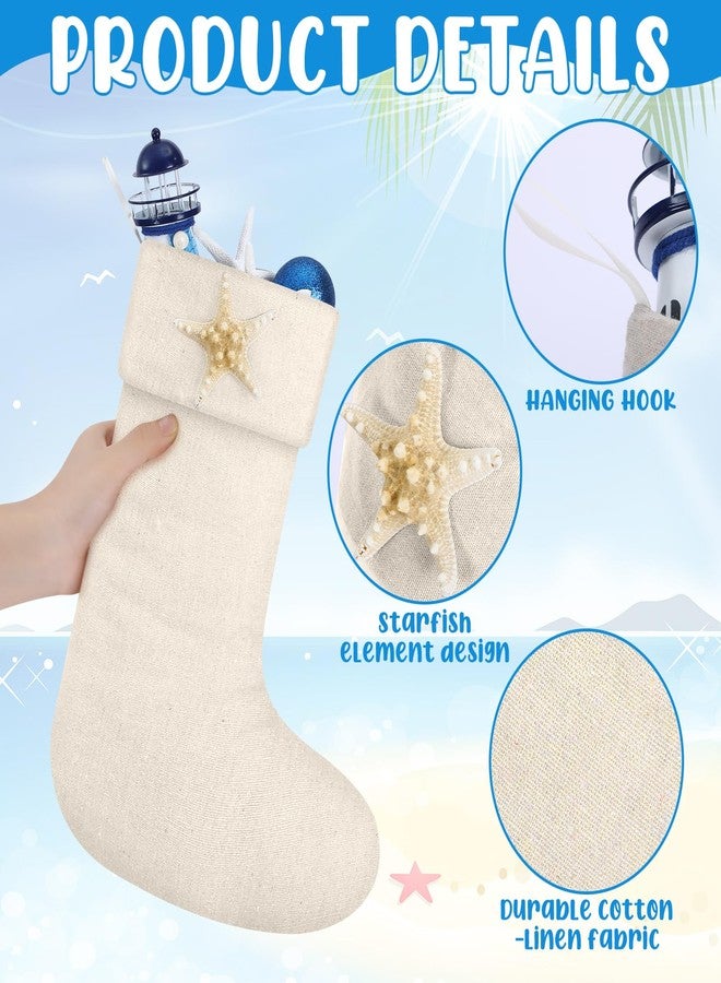 Heentan 4 Pcs Coastal Christmas Stockings 18 Inch Beach Nautical Linen Socks with Starfish Christmas Large Ocean Stocking Bags Hanging Socks for Xmas Tree Fireplace Holiday Ocean Party Decor - Image 4