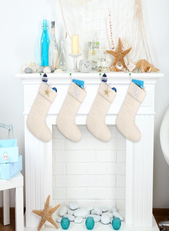 Heentan 4 Pcs Coastal Christmas Stockings 18 Inch Beach Nautical Linen Socks with Starfish Christmas Large Ocean Stocking Bags Hanging Socks for Xmas Tree Fireplace Holiday Ocean Party Decor - Image 2