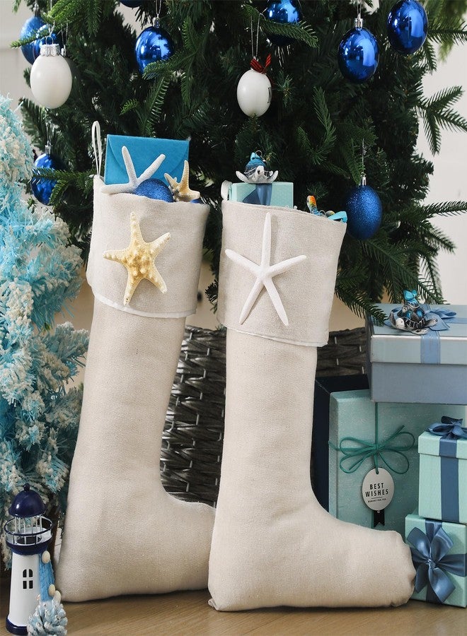 Heentan 4 Pcs Coastal Christmas Stockings 18 Inch Beach Nautical Linen Socks with Starfish Christmas Large Ocean Stocking Bags Hanging Socks for Xmas Tree Fireplace Holiday Ocean Party Decor - Image 5