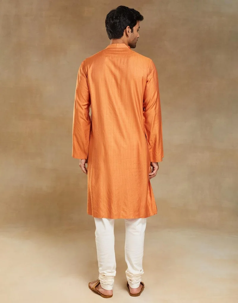 Fabindia  Orange Viscose Blend Dobby Slim Fit Long Kurta for Men | Best Price UAE