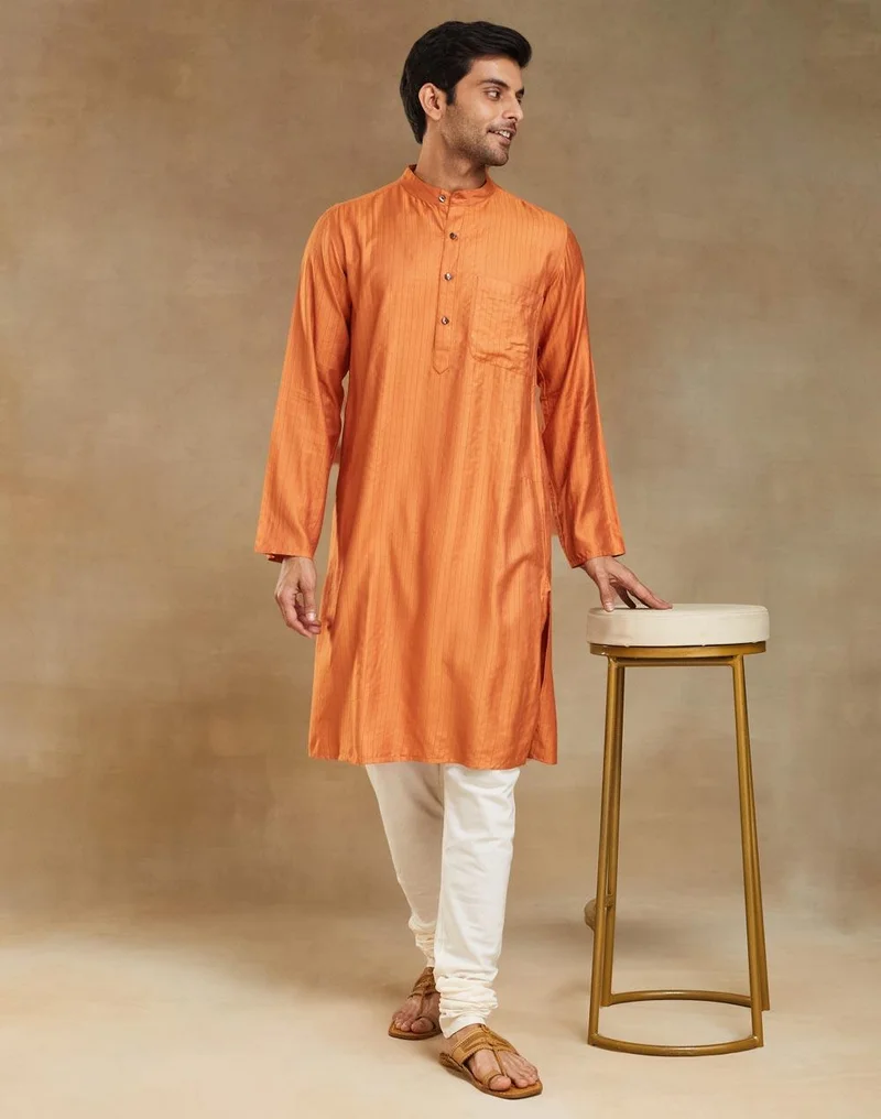 Fabindia Orange Viscose Blend Dobby Slim Fit Long Kurta
