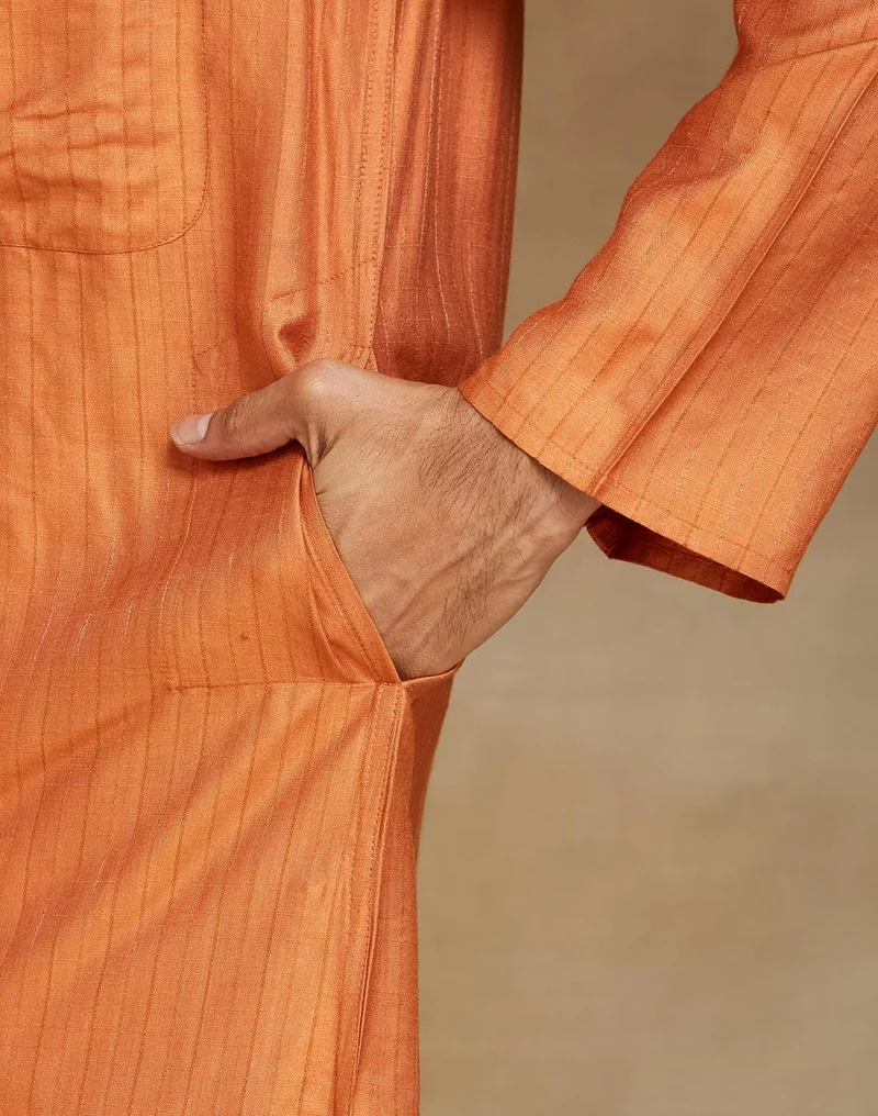 Fabindia  Orange Viscose Blend Dobby Slim Fit Long Kurta for Men | Best Price UAE