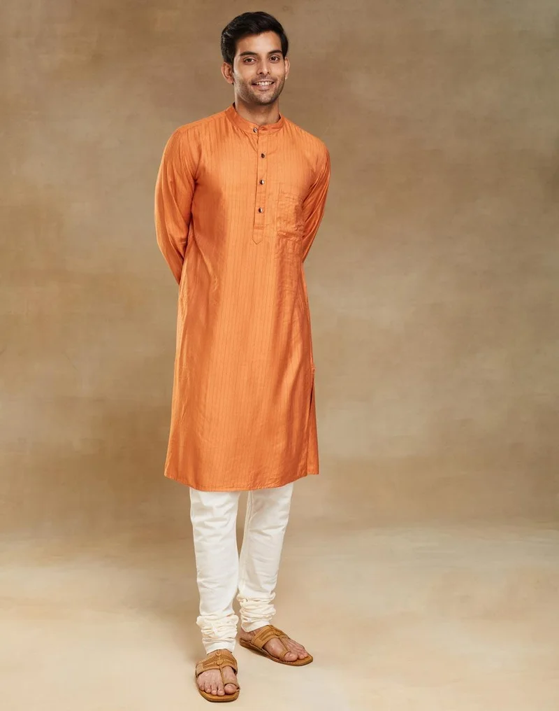 Fabindia Orange Viscose Blend Dobby Slim Fit Long Kurta