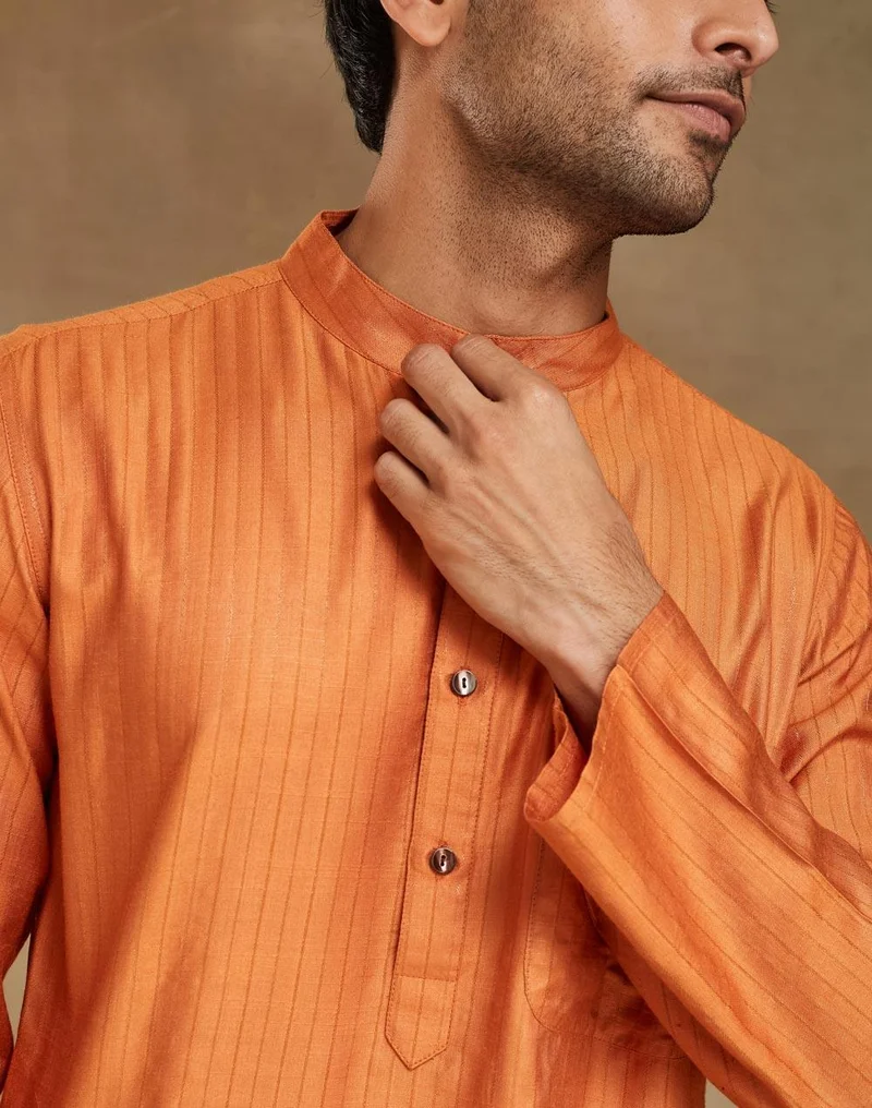 Fabindia  Orange Viscose Blend Dobby Slim Fit Long Kurta for Men | Best Price UAE